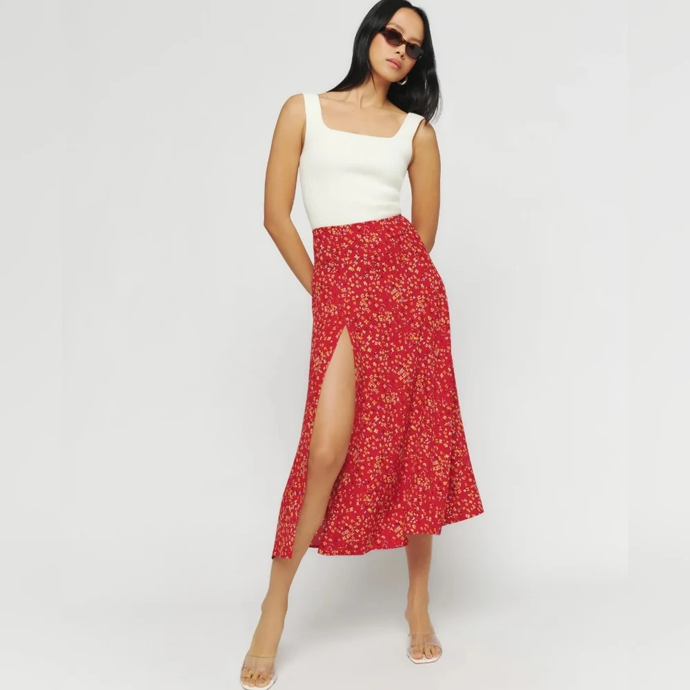 Reformation Zoe red floral print midi skirt